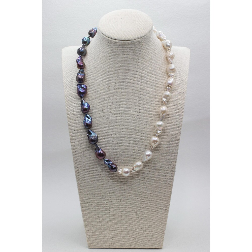 Half Black Half White Pearl Necklace Yin Yang Baroque Freshwater 925 Silver